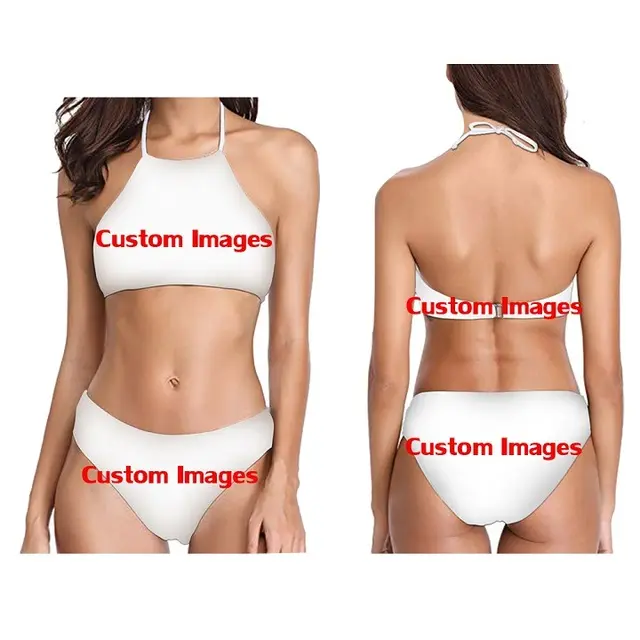 Conjunto de Bikini de cuello alto con cuello Halter para mujer, traje de baño personalizado con logotipo/Imagen/Foto impresa, bañadores de dos piezas, ropa de playa