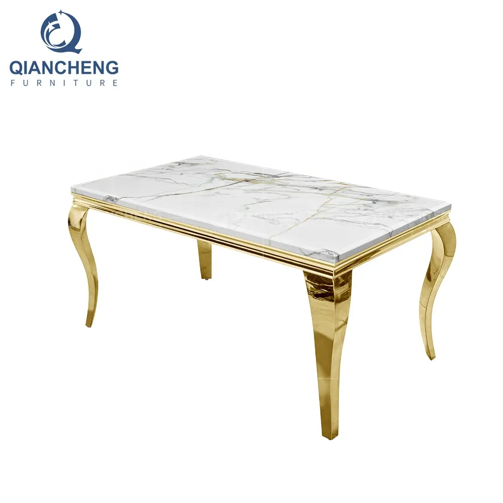 Foshan qiancheng mobilya mermer masa altın paslanmaz çelik masa sandalye takımı özelleştirilmiş lüks modern yemek takımı altın