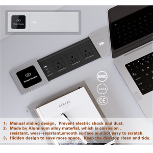 Factory Aluminum Alloy <strong>Multi</strong> <strong>Function</strong> Universal Power Desk Mounted Sliding <strong>Socket</strong> <strong>with</strong> <strong>USB</strong> Ports Type C Wireless Charger - Product Image 4