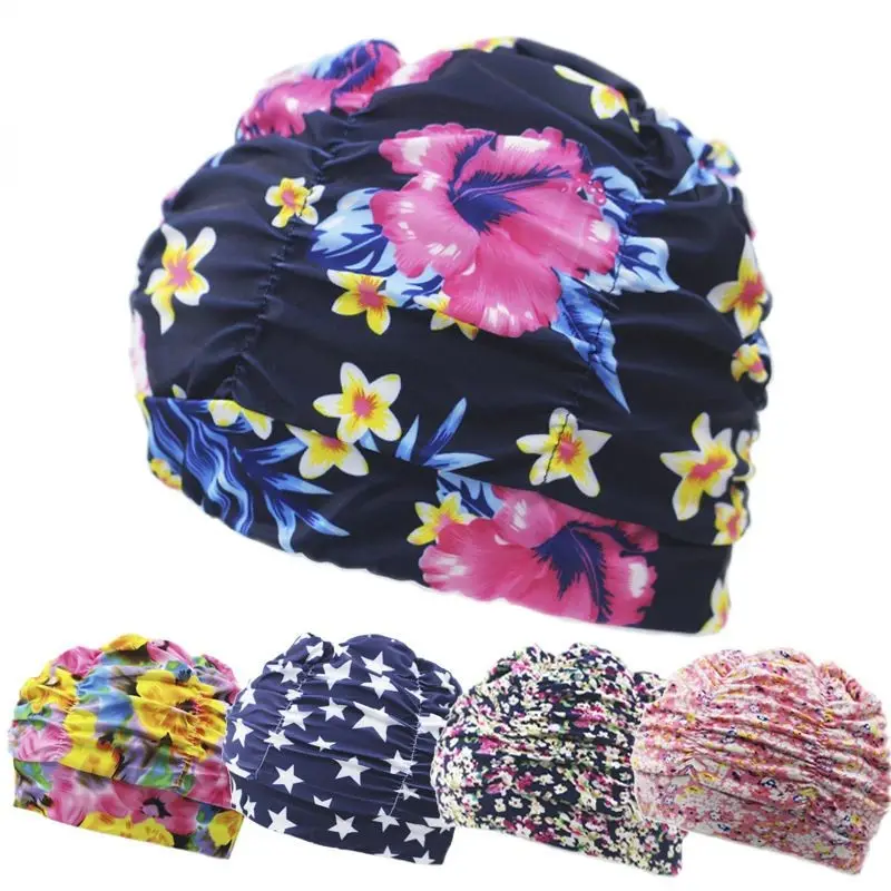 Ladies Multi Flowers Printed Fabric Swim Pool Sport Swimming Cap Protect Long Hair Ear Large Nylon Bathing Caps Hat Turban