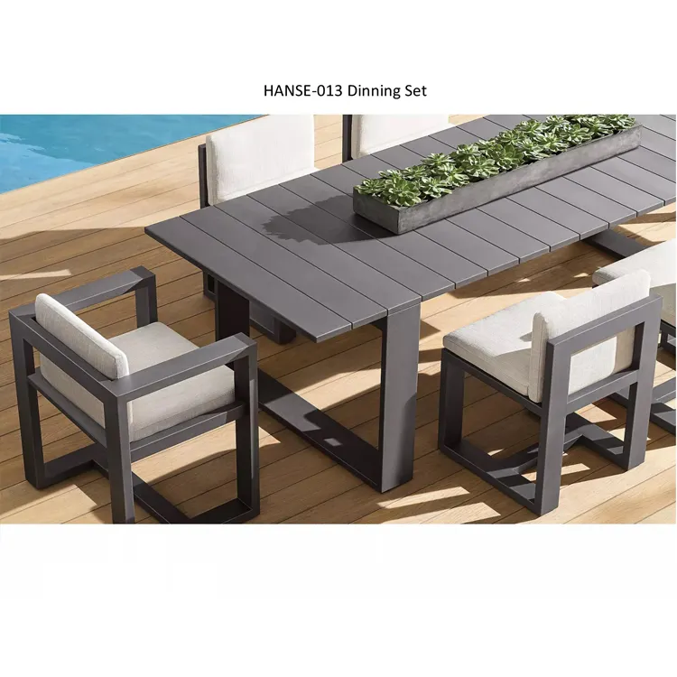 Suministro de fábrica, muebles de patio de jardín modernos, juego de comedor de aluminio de 9 piezas para exteriores con tapa de cerámica y mesa de comedor extensible