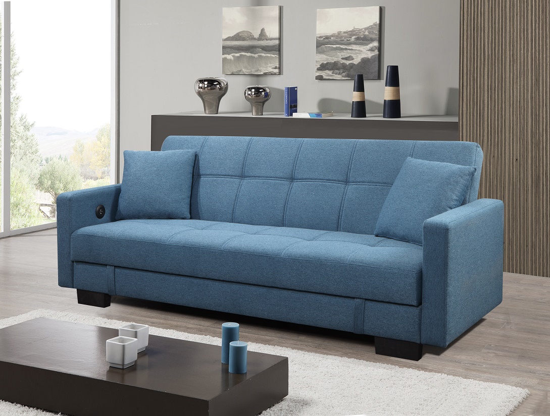 Comfortable blue color modern transformable fabric sofa bed folding futon with USB