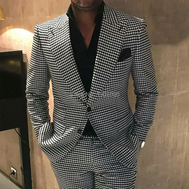 HD181 प्लेड पुरुषों सूट शादी के लिए 2 टुकड़ा houndstooth चेकर पुरूष Tuxedos पुरुष फैशन कपड़े वेशभूषा के साथ पैंट