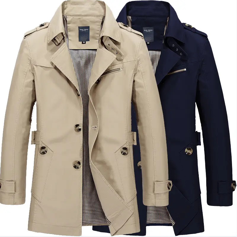 Trench all'ingrosso da uomo giacche Casual da lavoro colore puro colletto rovesciato cappotti medio-lunghi trincee di colore Beige nero