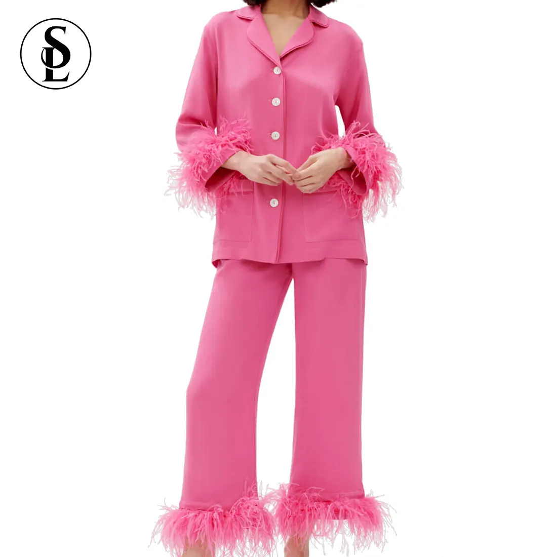 Pijama de lujo con plumas de avestruz para mujer, ropa de dormir de bambú viscosa, 2022