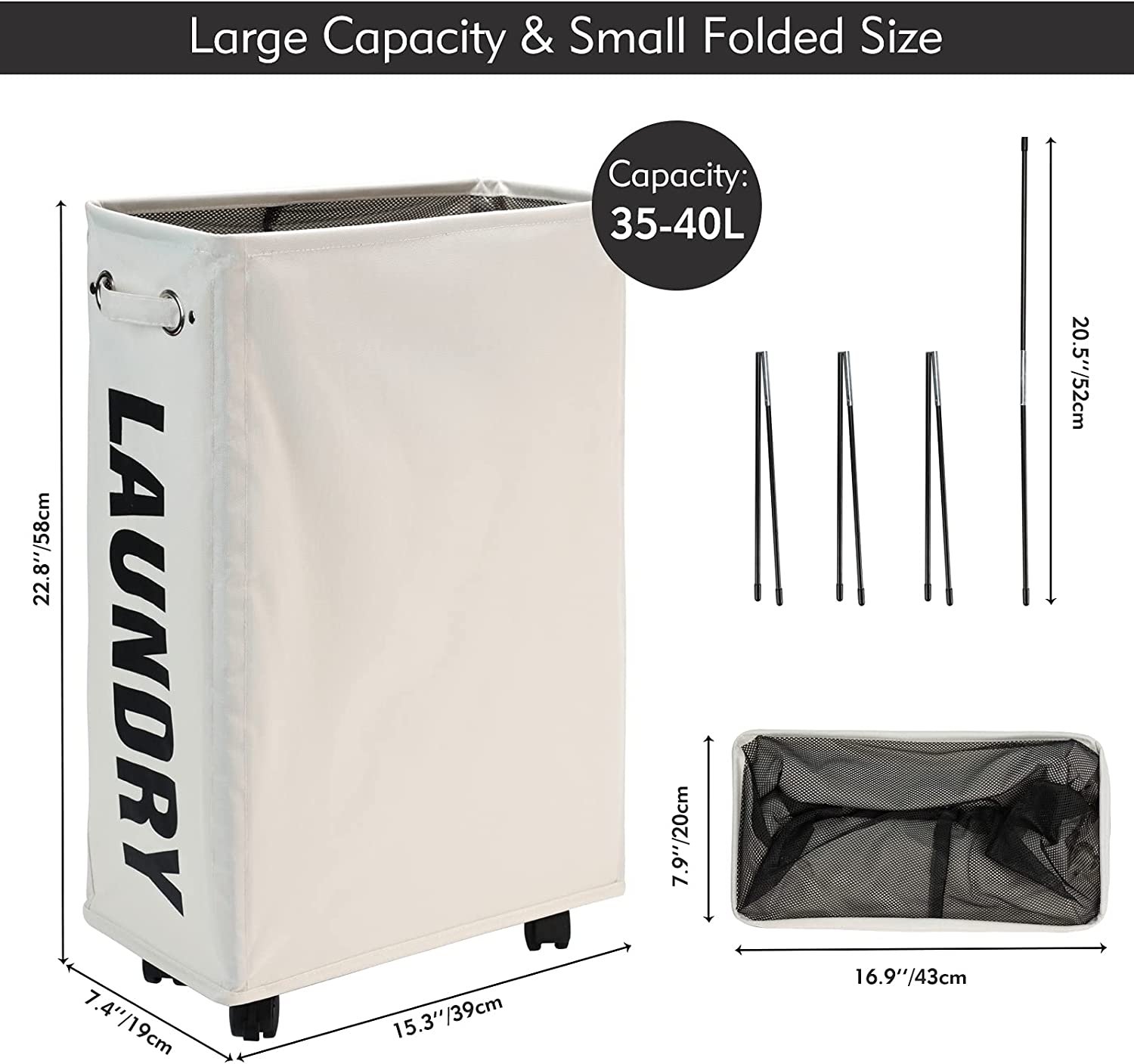 Collapsible Laundry Basket Hamper Rolling Rectangle Storage Bin Laundry Basket with Handles and wheels
