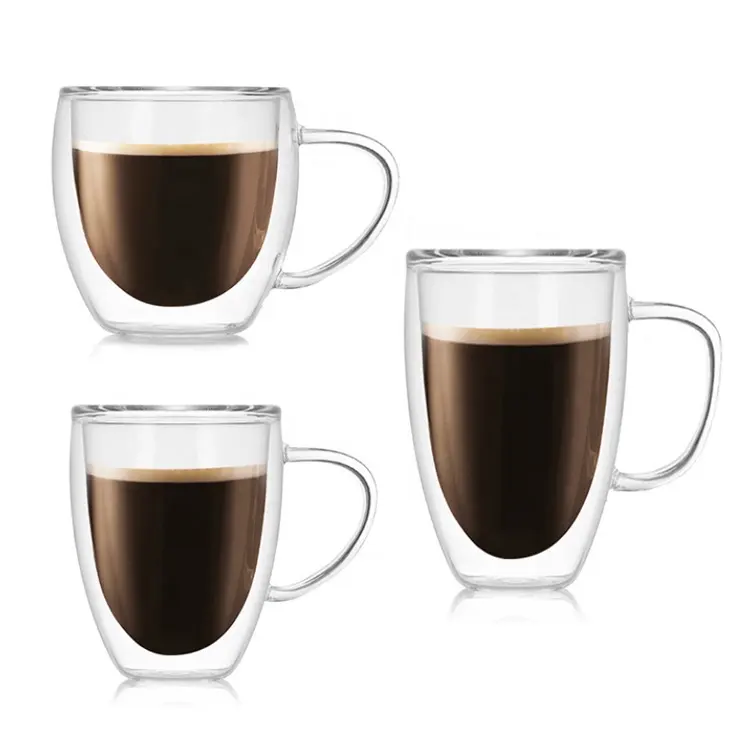 Gran oferta, taza de té de café de doble pared de vidrio de borosilicato hecha a mano de 350ml para capuchino Latte con asa