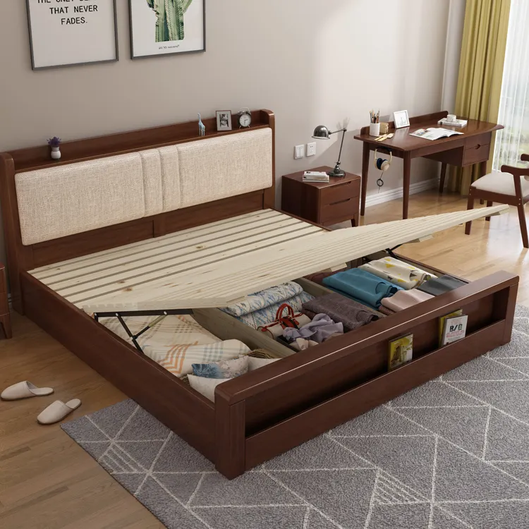 Cama com plataforma baixa nórdica, cama com armazenamento de 1.8 metros e 1.5 metros para quarto, cama simples em madeira de carvalho