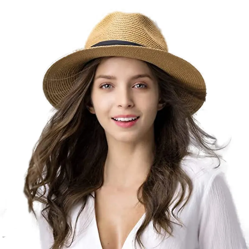 Chapéu de palha de praia com cinto de sol UV feminino masculino chapéu de palha de verão aba larga