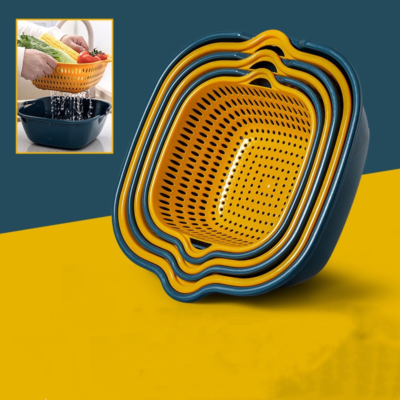 Eight piece set of blue and yellow drain basket