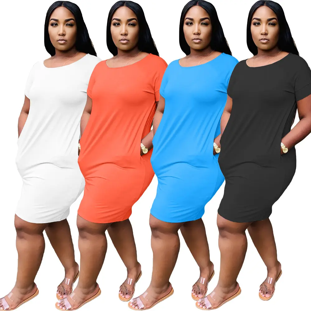 Vestido de gola redonda sólida para mulheres, camiseta para mulheres, vestidos casuais de verão, serviço OEM de cetim natural para adultos com tamanho grande