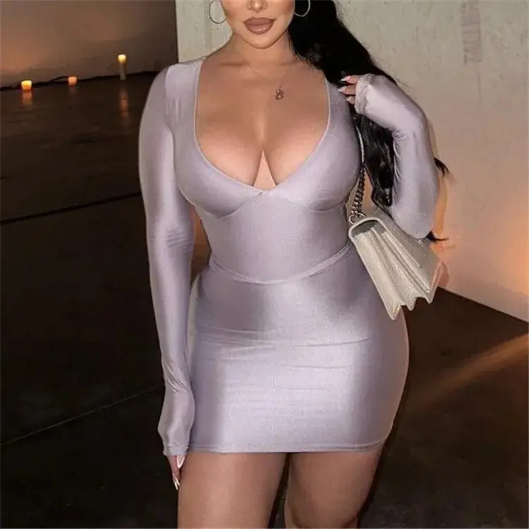 Sexy dài tay áo V cổ Mini Dress bên hộp đêm mặc Bodycon vestidos Dresses