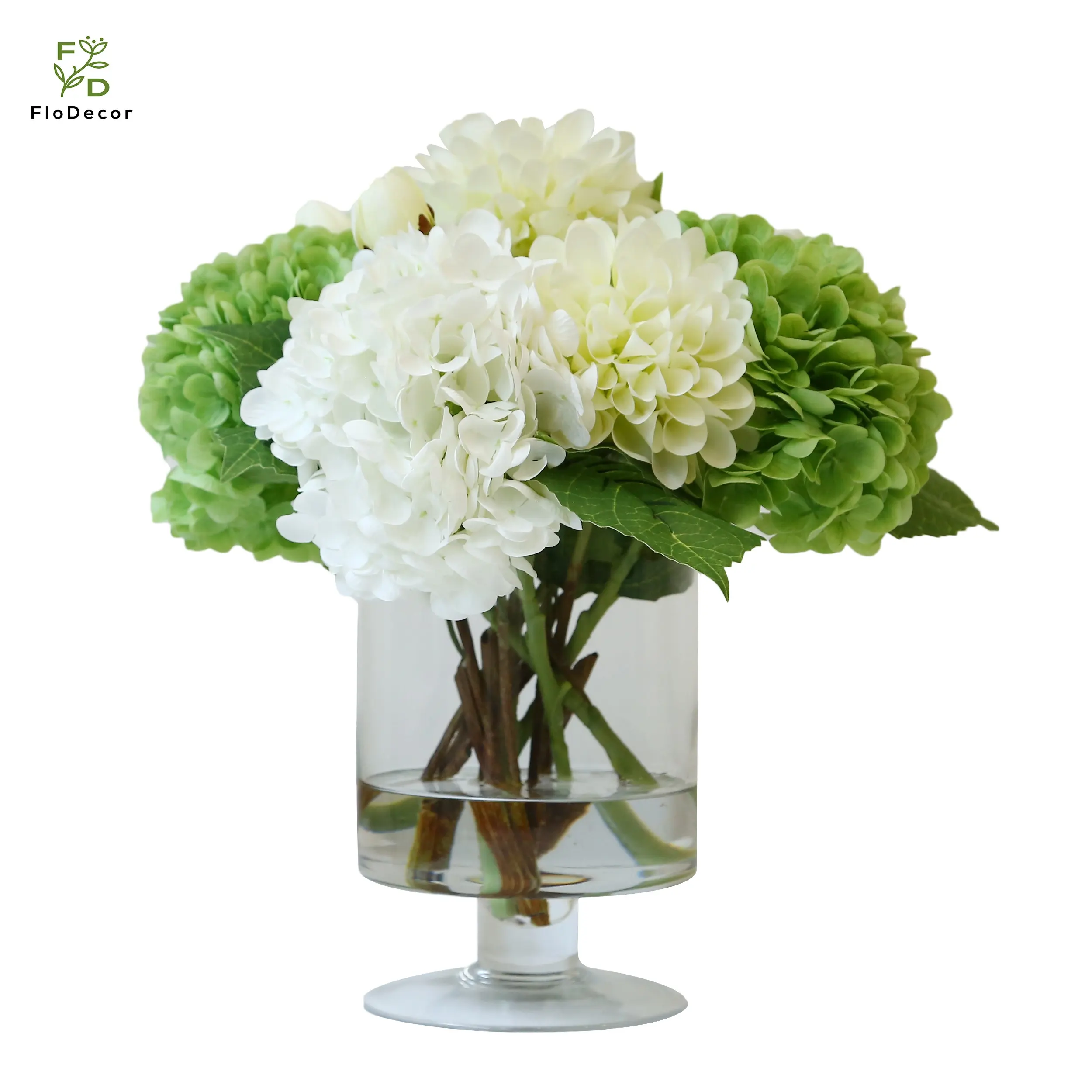 High Quality Customized Artificial Flower Floral Arrangement with Footed Clear Glass Vase and Water For Home Hotel Decoration