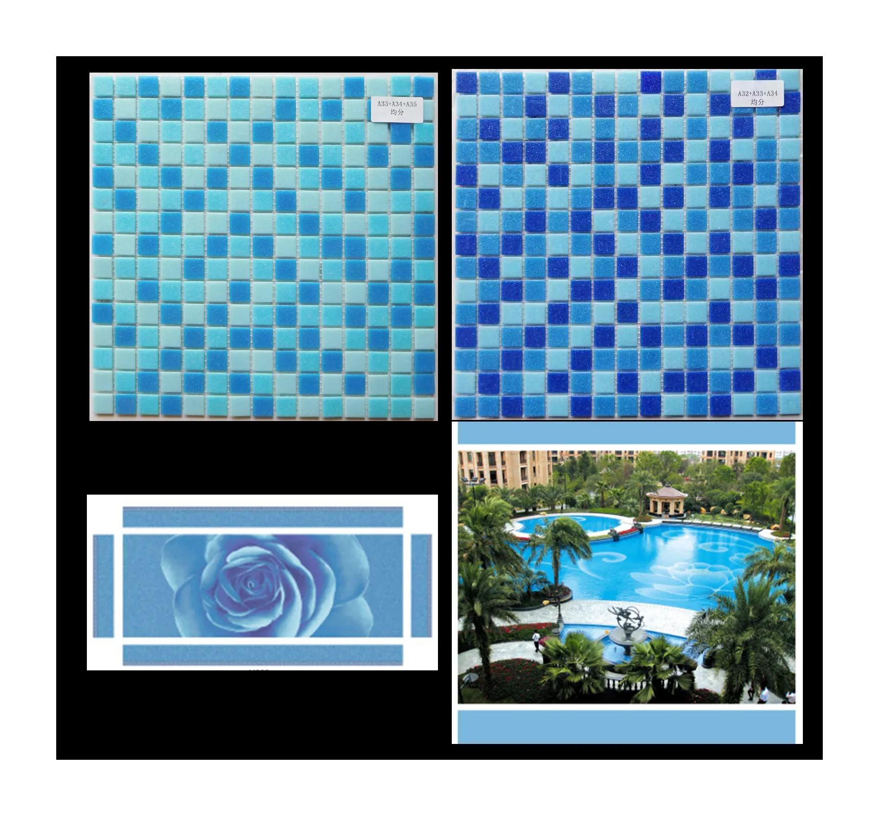 Carreaux de mosaïque en verre Commercial pour piscines, carreaux de mosaïque en verre cristal pour piscine, mosaïque en verre bleu