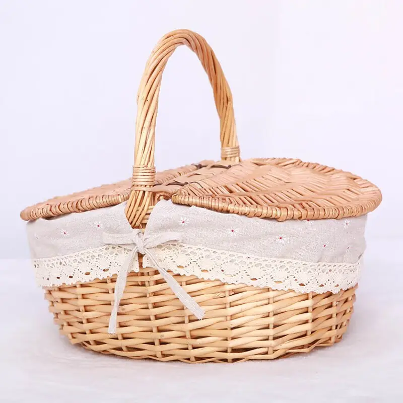 Oval handmade vime durável piquenique armazenamento cesta woven salgueiro cesta com forro lavável removível para crianças acampar