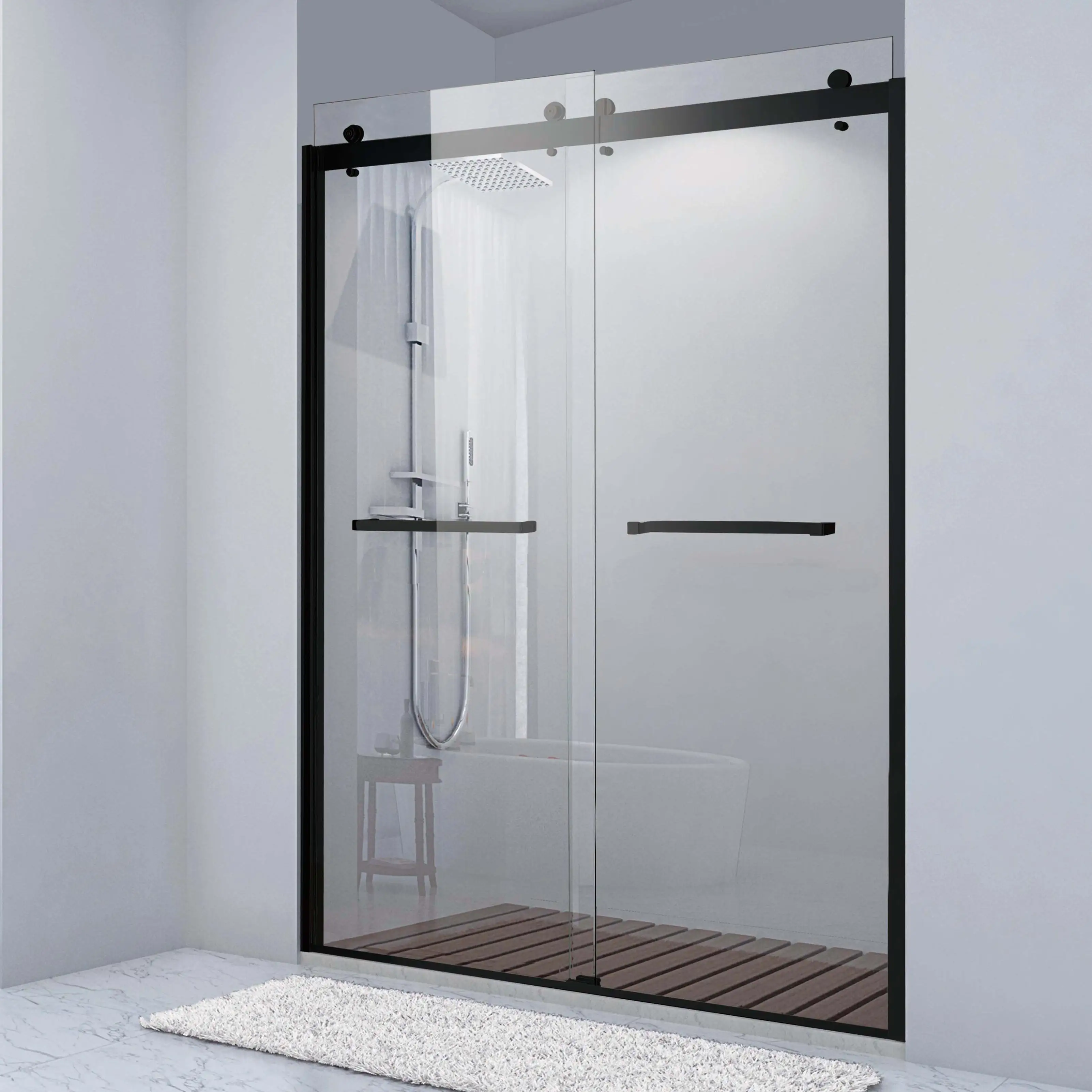 Hôtel douche panneau de verre écran noir sans cadre Double dérivation salle de bain verre trempé cabine de douche porte de douche coulissante