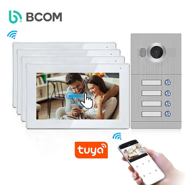 Multi familia manos libres Tuya Smart Wifi Video puerta teléfono timbre y Monitor timbre Videocitofono Domotico Intercom Kit blanco 720P