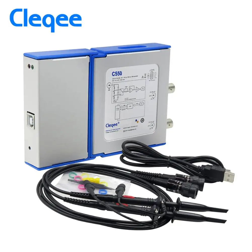 Cleqee-2 C550 רוחב פס 50Mhz דגימת נתונים 1G עם בדיקה כבל USB 2 ערוץ מחשב וירטואלי דיגיטלי כף יד אוסצילוסקופ