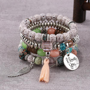 Hifive Boho Dainty katmanlı kristal doğal volkanik taş taş mektup yığını boncuklu bilezik kadın erkek Bodhi karakter bilezik takı