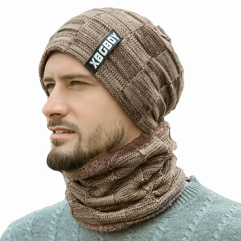 Conjunto de gorro y bufanda de lana para hombre, bufanda de tubo cómoda para invierno