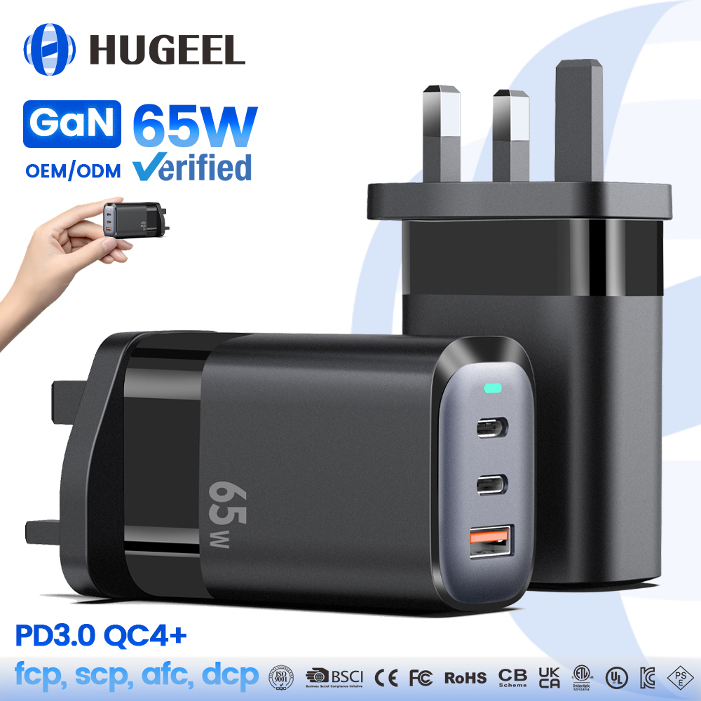 65W 2Type-C + 1USB-A UK Noir