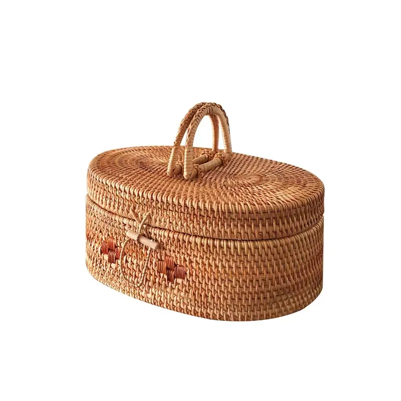 Cesta de piquenique portátil, cesta de bambu com tampa