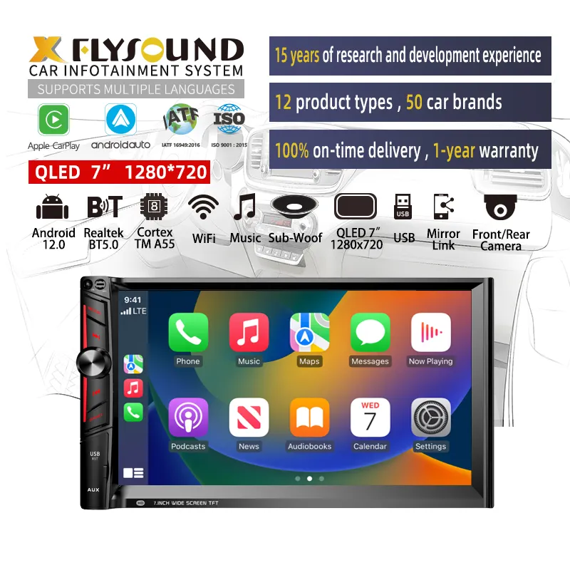 Flysonic alta definición 1280*720 pantalla QLED 2 + 32G 7 pulgadas coche estéreo Carplay Android auto BT navegación Android coche Radio