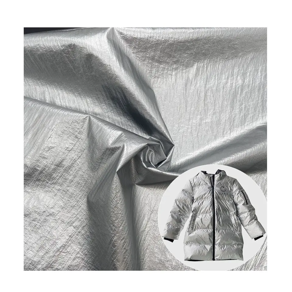 Hochwertiger Crinkle Nylon Taft 380T eng gewebter Silber Metallic Puffer Mantel Stoff