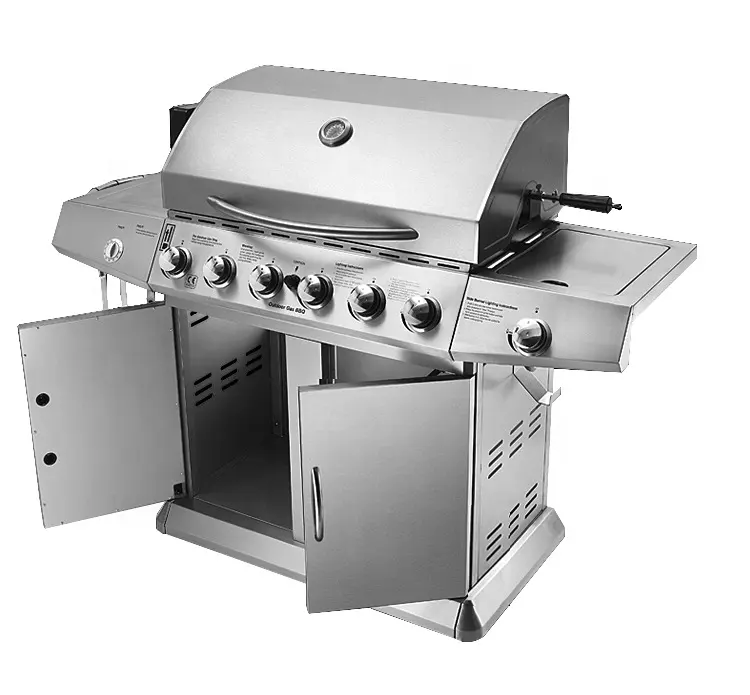 Máquina de barbacoa de Gas para jardín, parrilla de barbacoa de Gas comercial con carrito, parrilla de barbacoa de 7 quemadores LPG/NG con CE