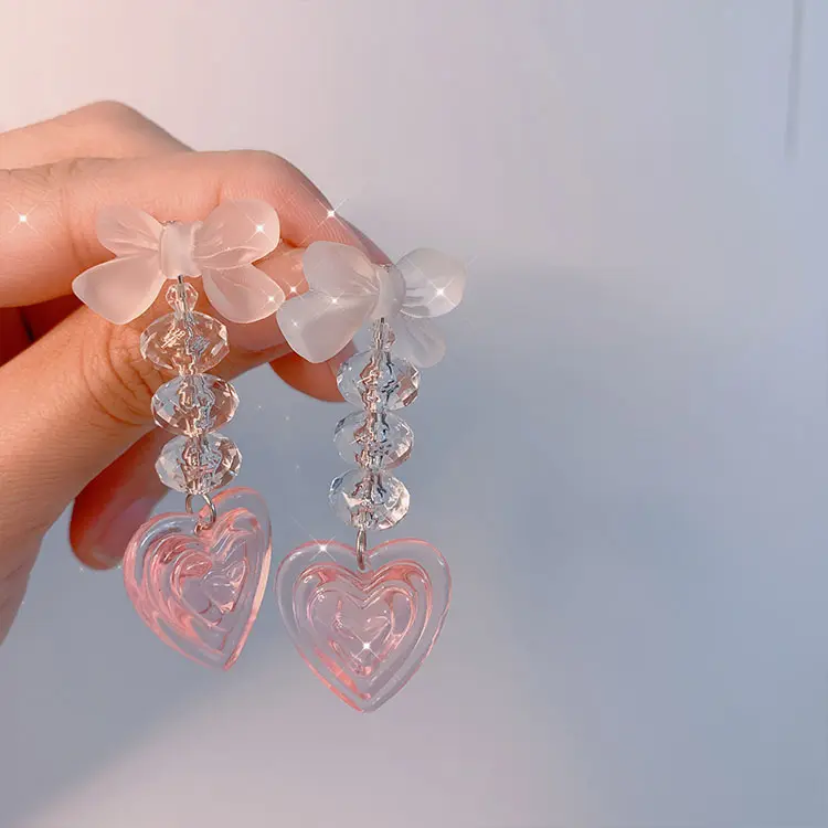 Pendientes coreanos con forma de corazón para mujer, aretes largos de cristal con lazo acrílico transparente para chicas