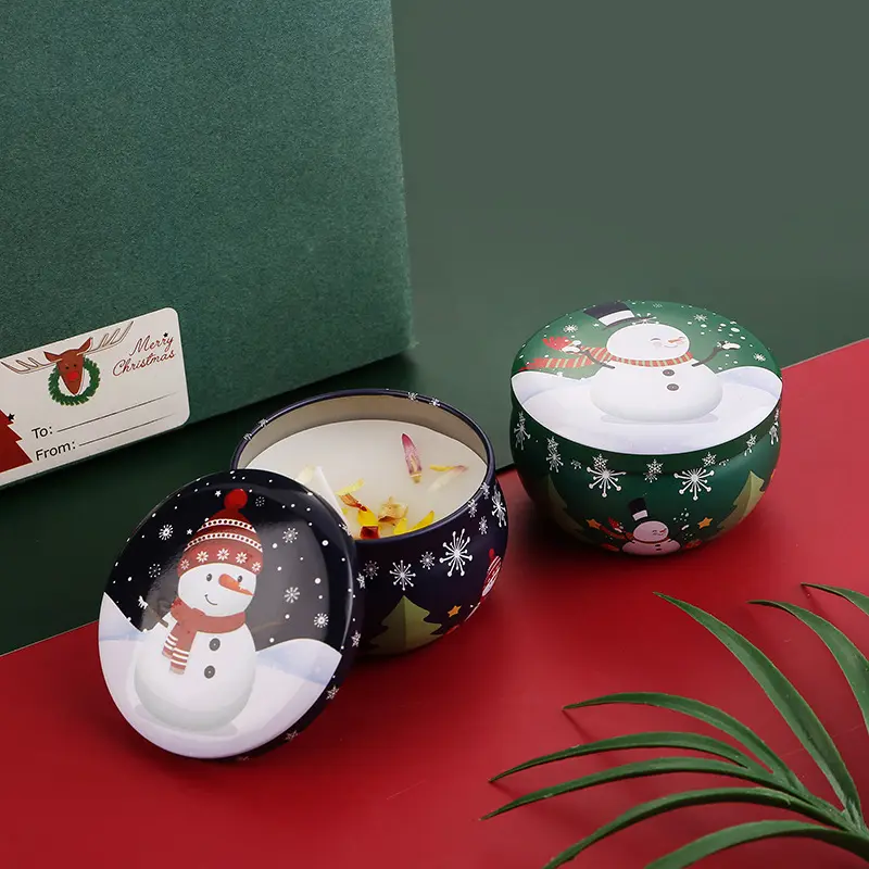 Cera de soja sin humo ecológica Papá Noel Vela de Navidad Festival Muñeco de nieve Velas perfumadas de estaño con flores secas para Navidad