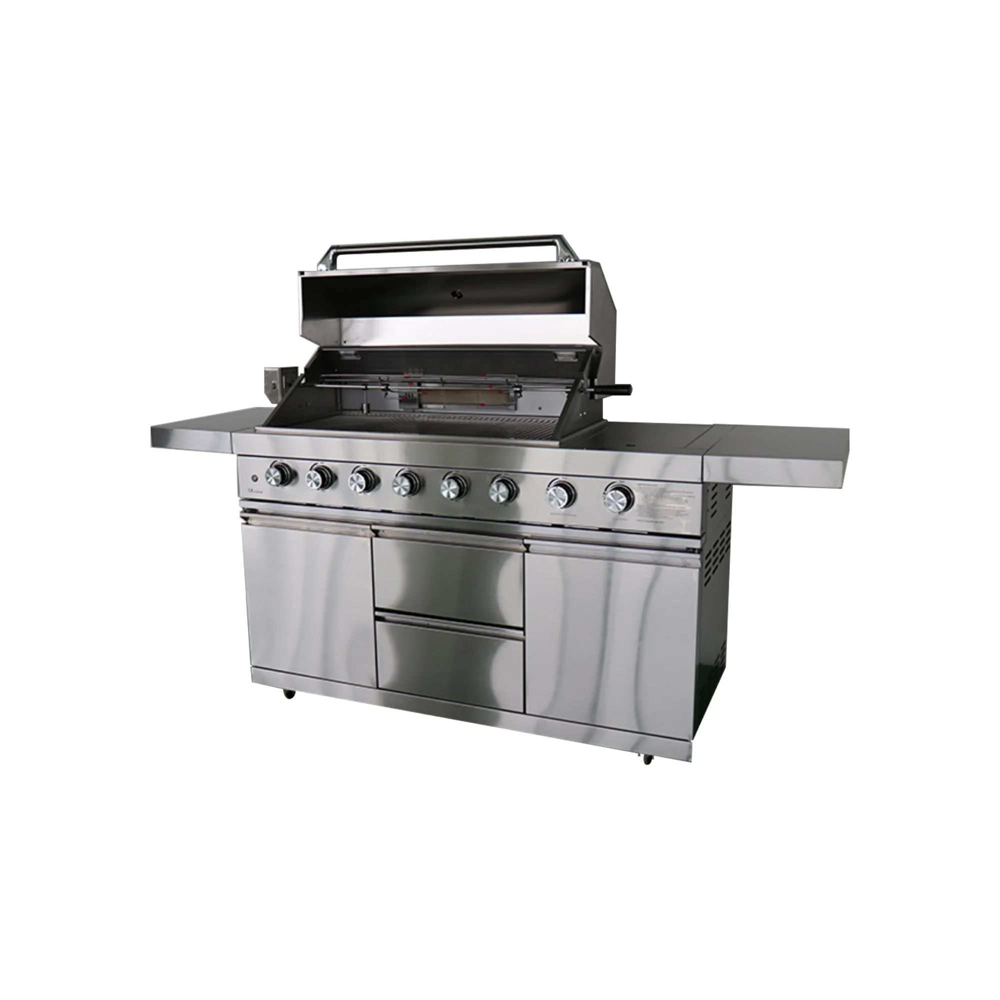 Parrilla portátil de acero inoxidable 304 para barbacoa, parrilla de gas con certificación CE, 6 + 1 quemadores, con 2 paneles laterales plegables