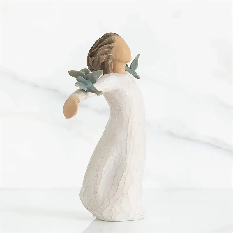 Simulación de madera felicidad Ángel esculpido figura pintada a mano Ángel de La Paz paloma blanca adorno para el hogar estatua de resina