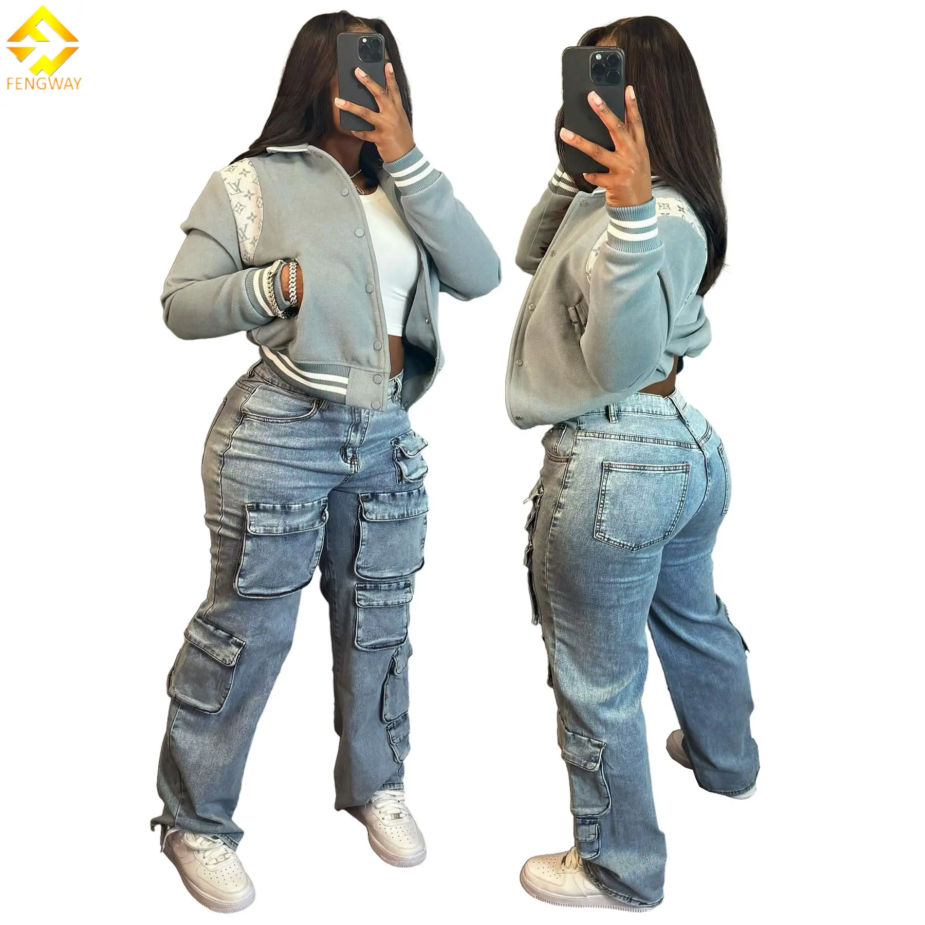 Jeans pour femmes bleu lavé grandes poches 2024 taille haute entraînement Denim pantalons longs décontracté Cargo Denim jean pour les femmes