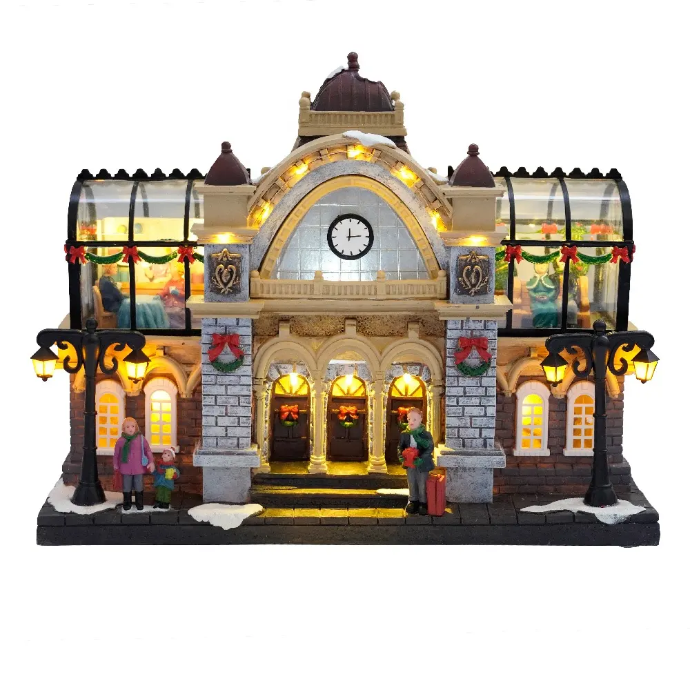 Novo design 12" LED e estação de trem musical de plástico decoração de casa verde natal natal vila natal 2024