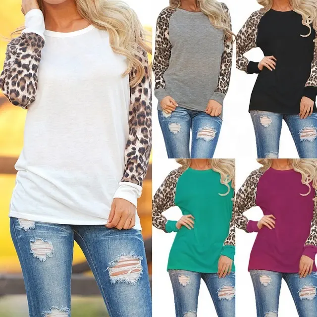 Atacado Além Disso 5XL Sublimar vestido de Primavera Manga Longa Chiffon Leopardo Blusa Top O Pescoço De Malha Leopardo Raglan T-Shirts Para As Mulheres