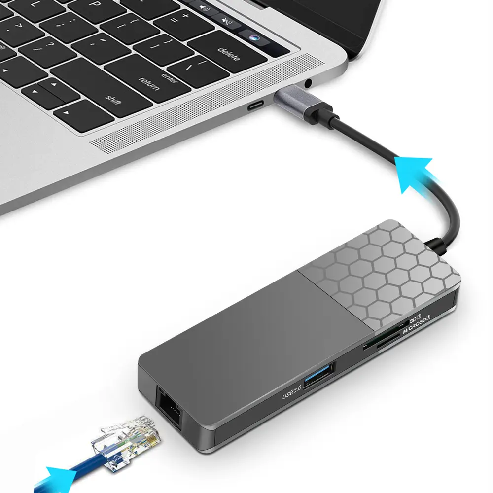 Hub USB multifonctionnel de type c 7 en 1 USB C vers Gigabit Ethernet RJ45 Hub Adaptateur multiport avec emplacements pour cartes SD/TF