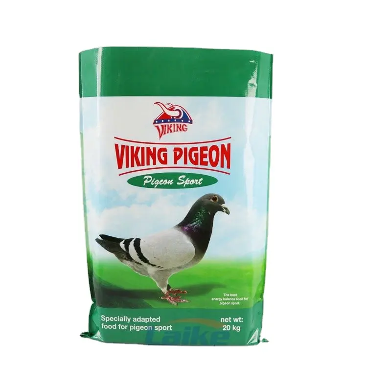 Personalizado paloma pájaro paloma pollo comida polipropileno PP tejido saco de alimentación 10kg 25kg 50kg BOPP bolsa laminada para la alimentación animal