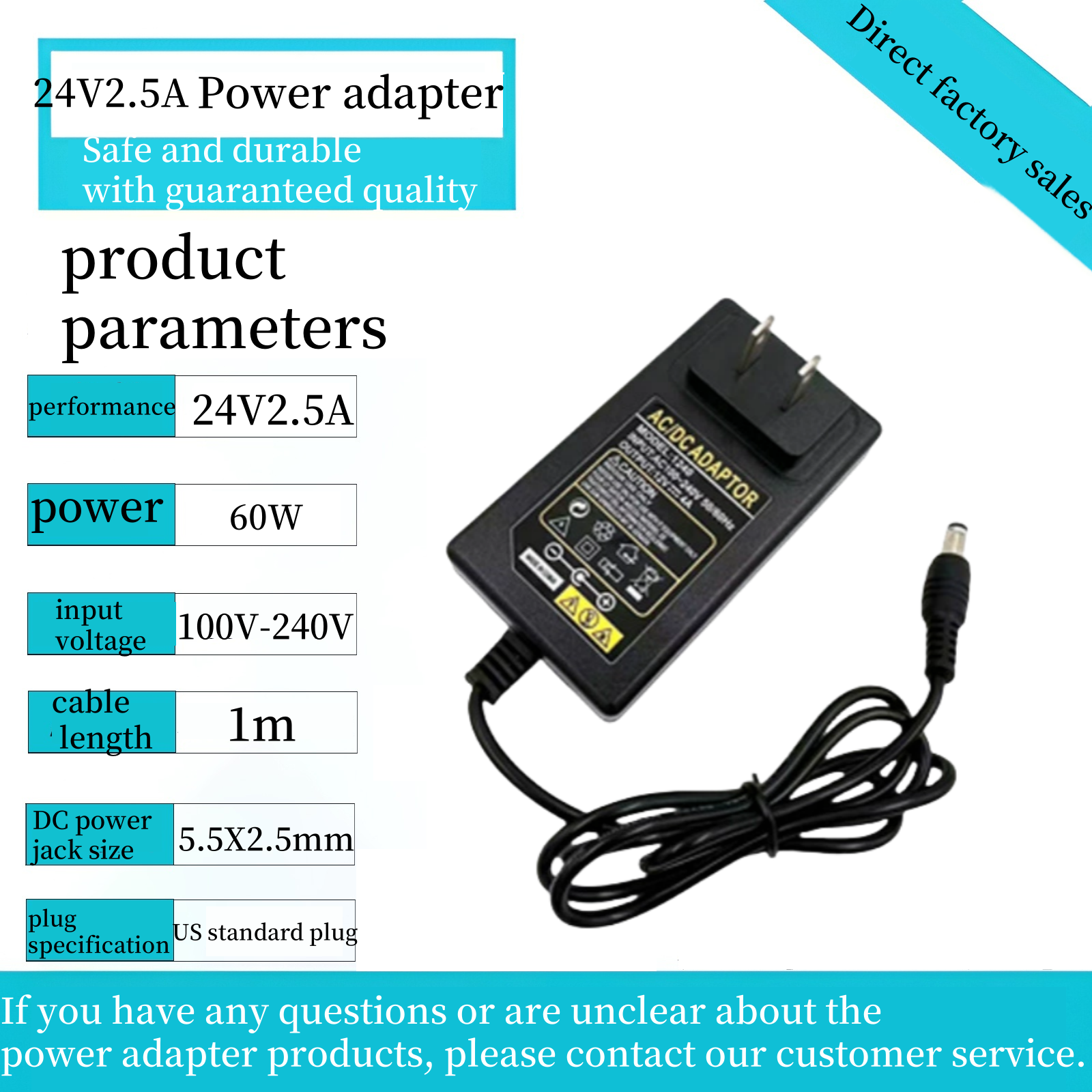 24V2.5A 1m câble DC5.5X2.5mm Plug-In