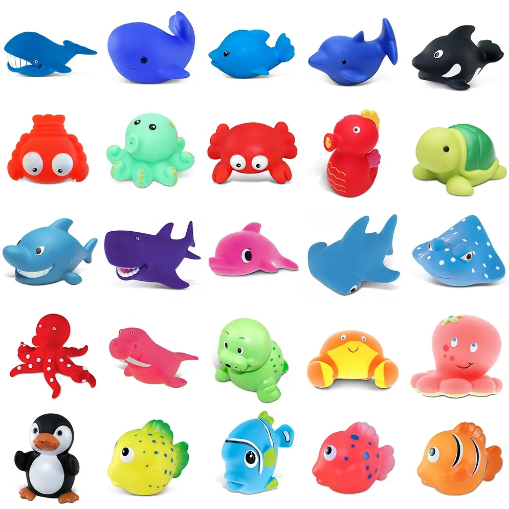 Carino in gomma assortiti animali marini giocattolo da bagno 100 pezzi galleggianti in PVC rana pinguino acqua giocattolo da bagno per bambini 5 pezzi con borsa