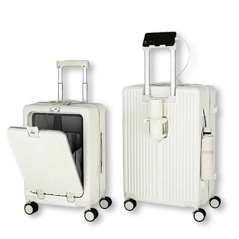 Equipaje multifuncional para portátil abierto frontal con portavasos Carga USB Spinner Trolley Maleta de viaje