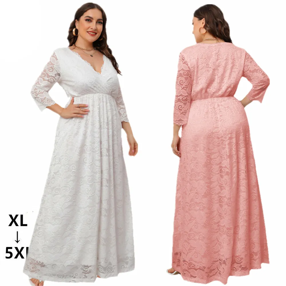 Vestido de noite feminino, vestido longo branco com renda para mulher, elegante, rosa, manga longa, plus size