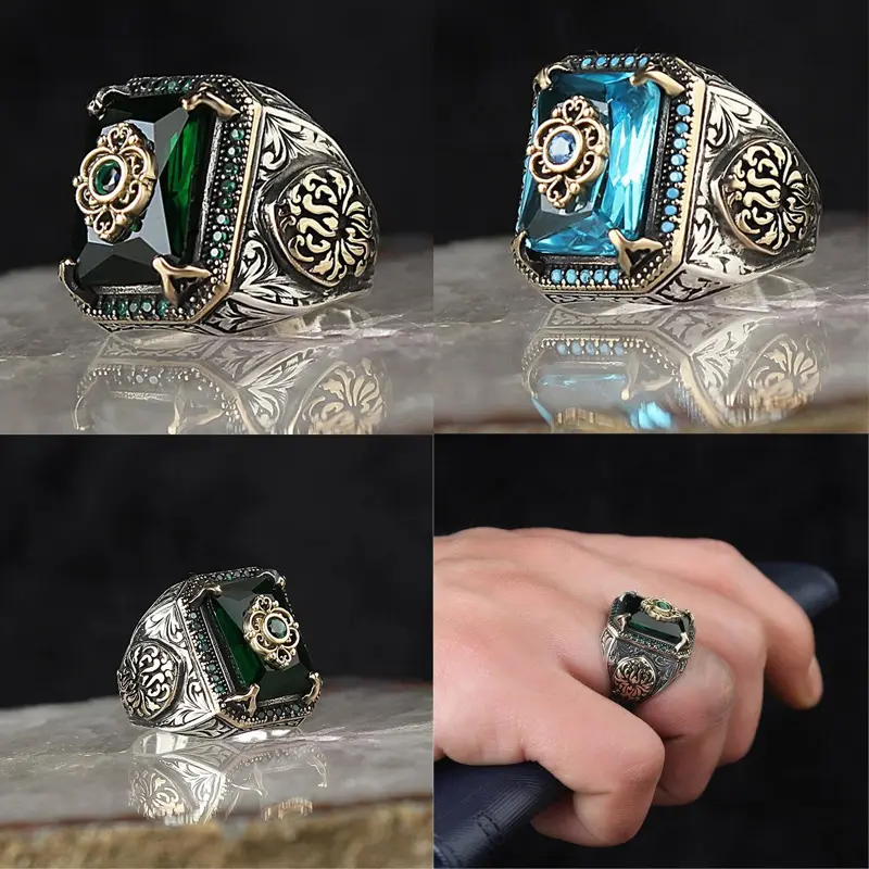 خاتم شخصية الهيب هوب أنيق, خاتم شخصية الهيب هوب أنيق جديد ريترو ملطخ مربع الأحجار الكريمة خاتم أزياء الرجال اليدوية التركية Signet الأخضر الزركون الدائري