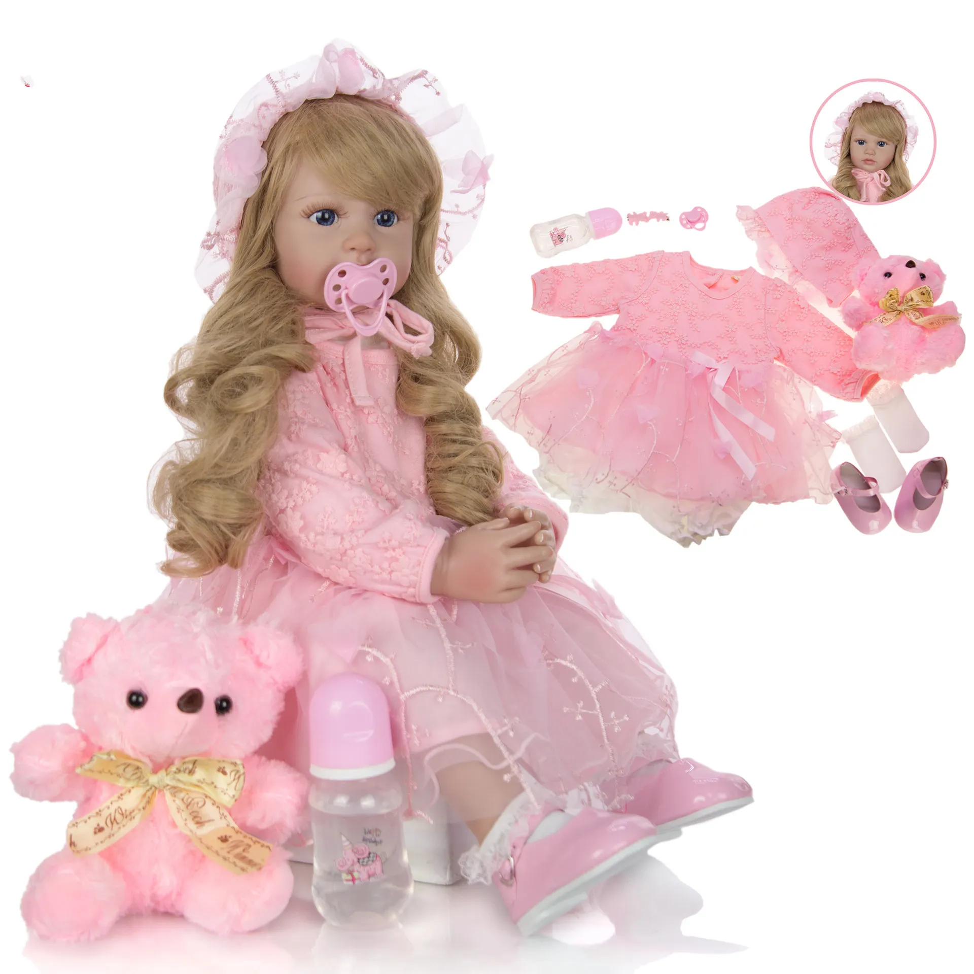 Realistische wieder geborene Puppe 60cm mit rosa Kleid Aussehen wie echte wieder geborene Baby Baby Reborn Doll Kits