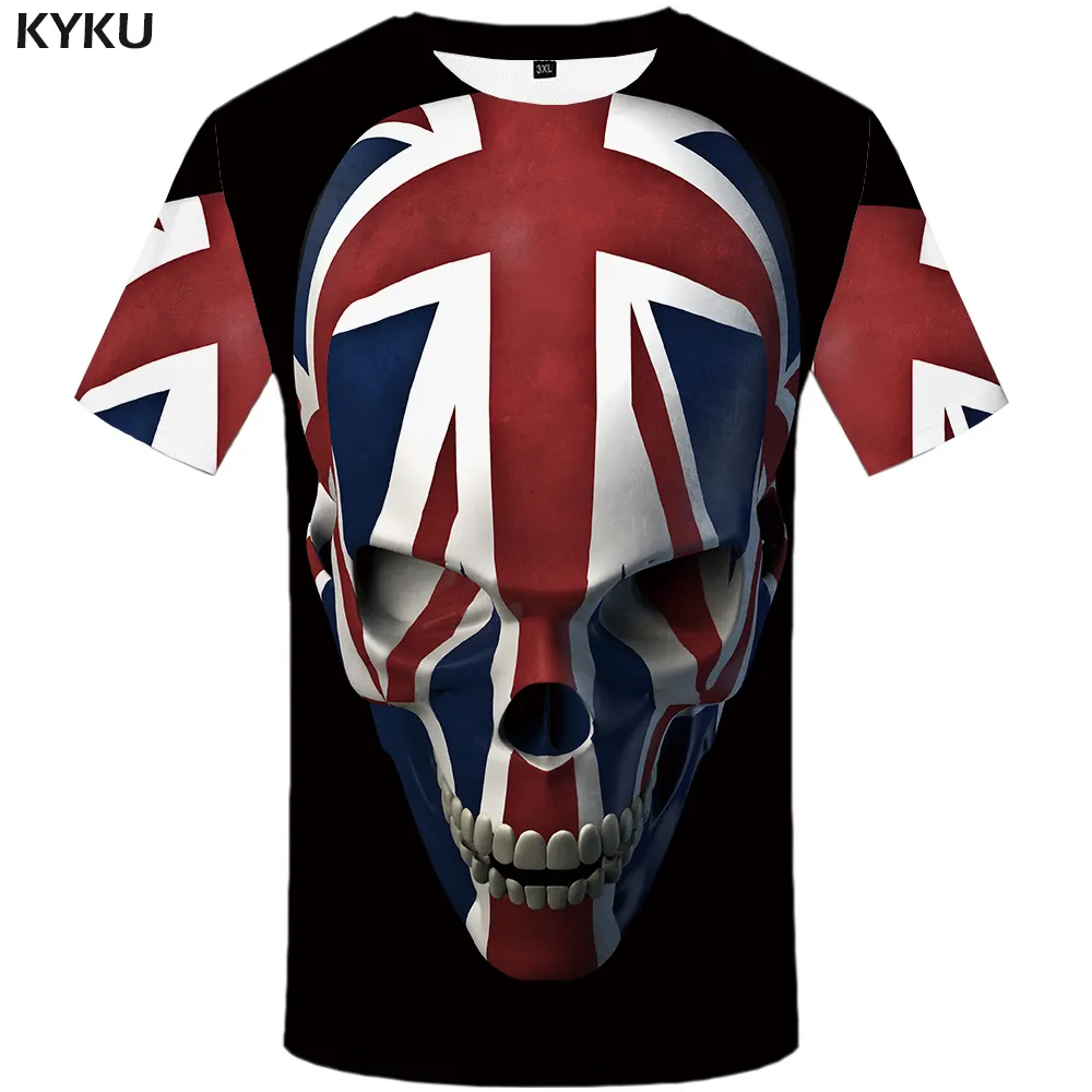 Entrega rápida Crânio T Shirt Homens Preto Anime Tshirt Reino Unido Gótico 3D Impressão T-Shirt Roupas Casuais Hip Hop Mens Vestuário