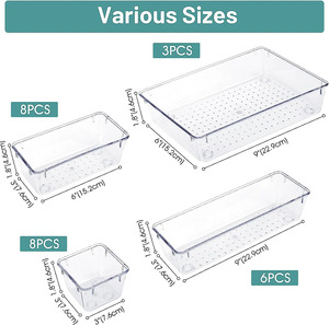 4-<strong>Size</strong> 25 PCS Clear Plastic Drawer Organizers Set Versatile Bathroom and Vanity Drawer Organizer Trays Storage <strong>Bins</strong>