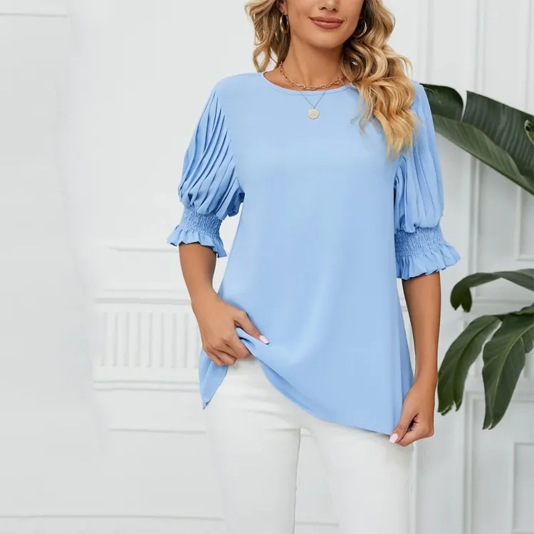 Blusa personalizada para moças, meia manga azul babado gola redonda