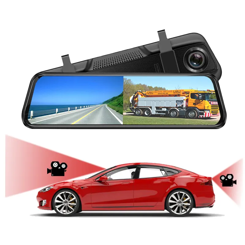 Universal 9-36V 10 inch IPS screen full hd 1080p car dvr rearview mirror with dual lens front and reverse 2 cameras