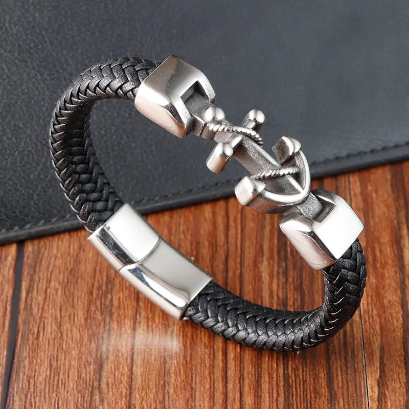 Bracciale di ancoraggio in acciaio inox moda stile punk spiaggia tessuto gioielli designer braccialetto in pelle per gli uomini