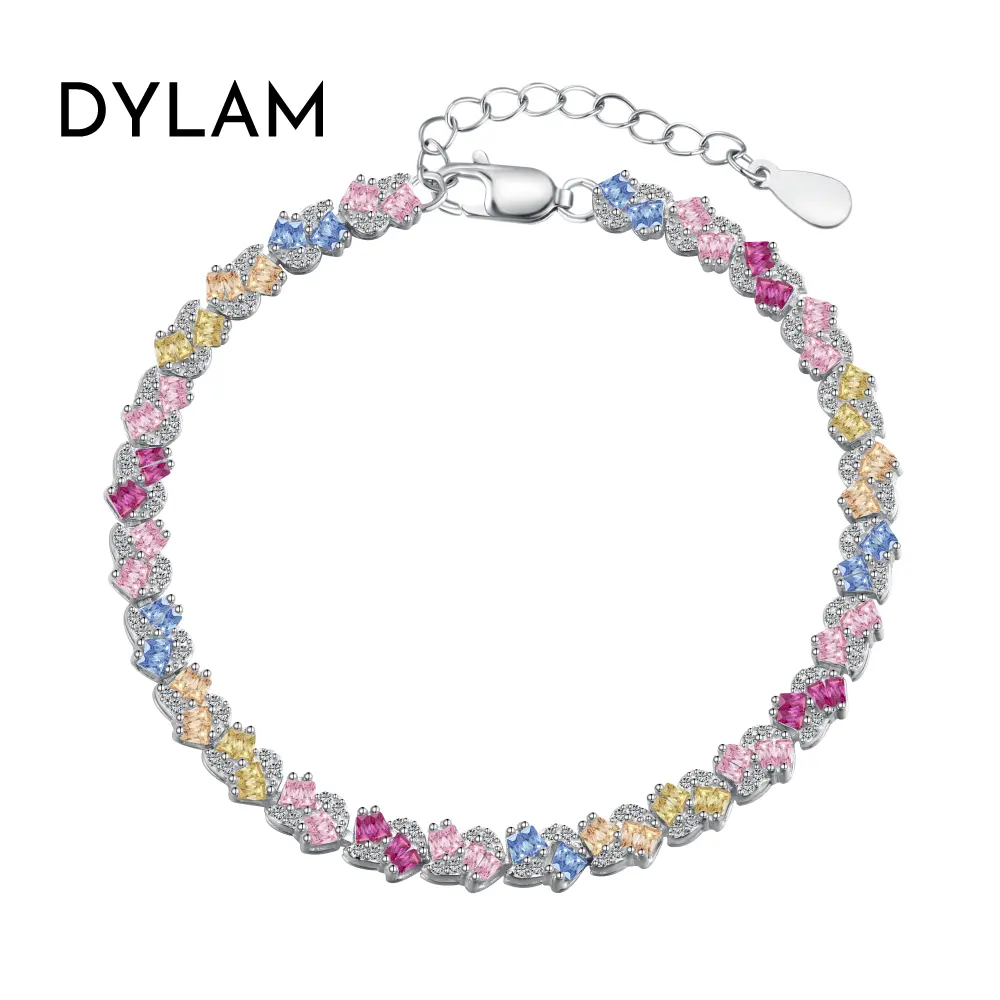 Dylam venta al por mayor personalizado cadena cubana enlace 925 Plata hombres mujeres pulsera joyería Iced Out totalmente Arco Iris Cz diamante tenis pulseras